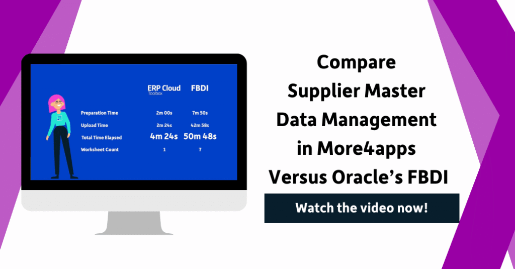Suppliers upload comparison video showing ERP Cloud Toolbox vs Oracle FBDI spreadsheet process