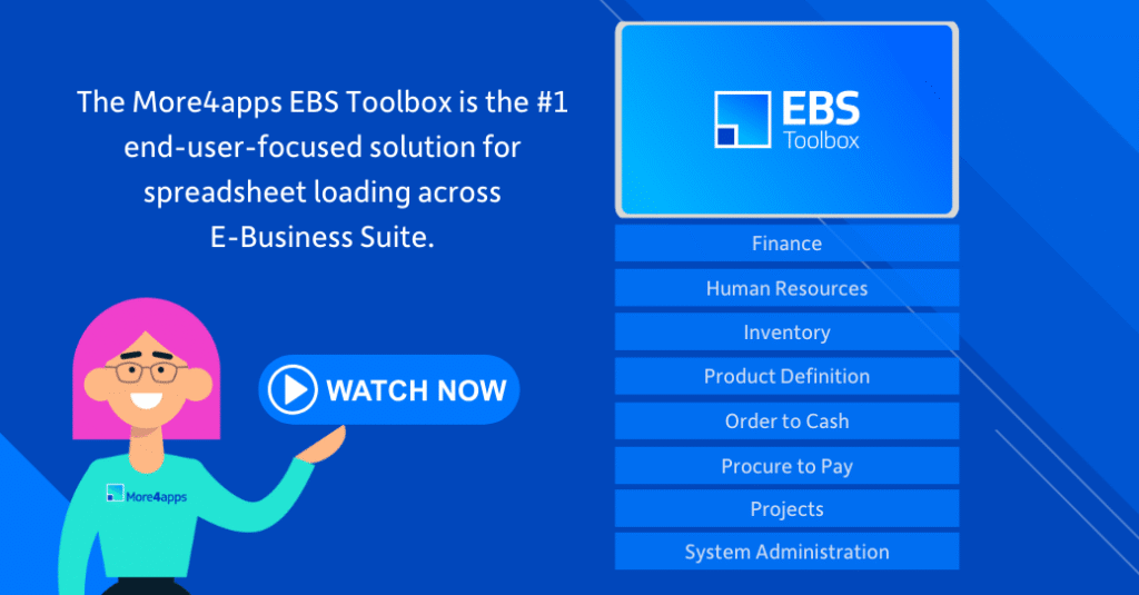 EBS Toolbox overview video thumbnail showing Excel wizard uploading data to Oracle E-Business Suite