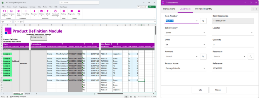 Inventory Transactions integrator video showing Excel-based store receipts and issues for Oracle