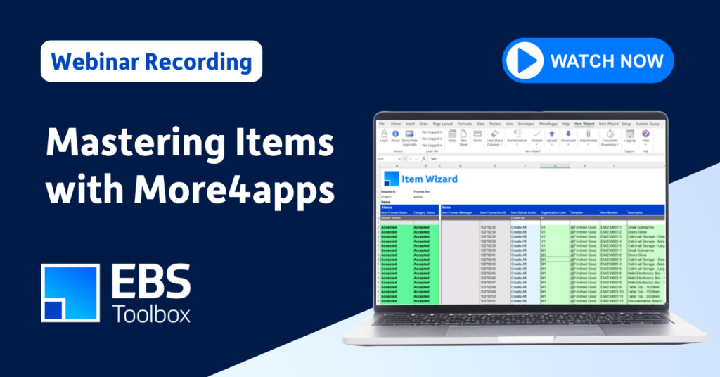 Mastering Items with More4apps webinar thumbnail featuring Item Wizard data quality tips