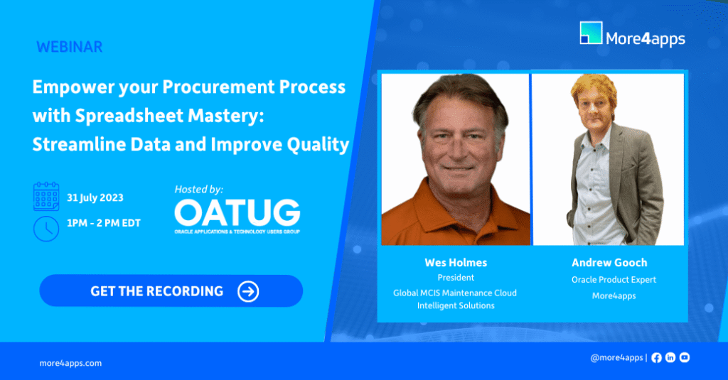 Oracle Procurement webinar recording showing Excel-based requisition and purchase order entry